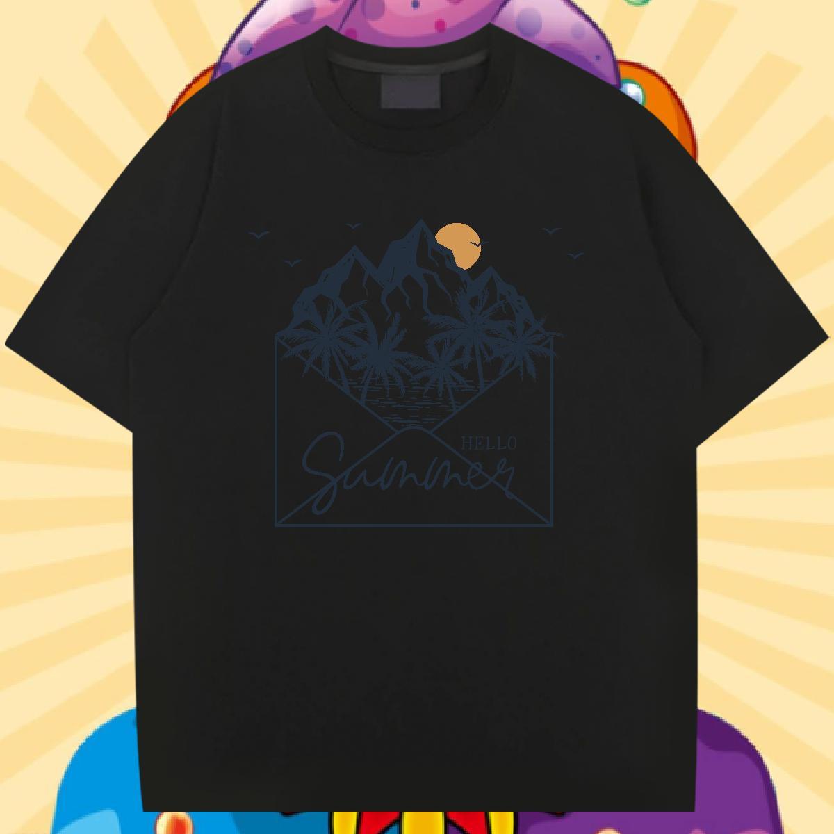 2024 T Shirts Men 230g Pure Cotton sea Casual Beach Tops Breathable Crew Neck Soft Men Tops Tees Cartoon Print