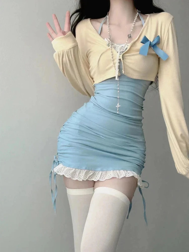 Y2k Sexy Strap Mini Dress Sets Women Bodycon Slim Lace Corset Kawaii Halter Blue Two-piece Skirt Dresses Korean Fashion 240806