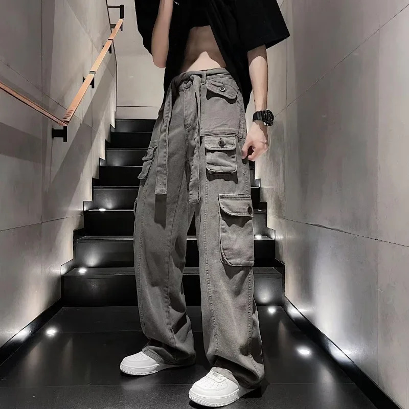 Trousers Man Wide Multi Pocket Cargo Pants For Men Grey Straight Multipockets Large Size With Comfortable Aesthetic Emo Cotton 240806