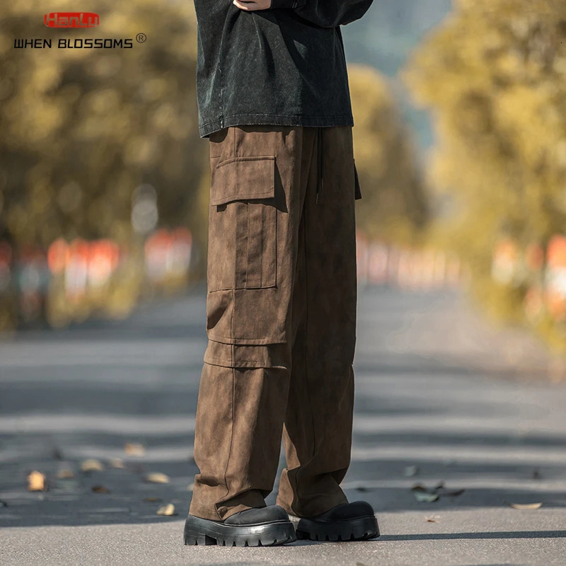 HANLU Dirty dyeing to make old prints Classical Cotton Cargo Pants Mens Loose Fit Wide Leg Trousers Baggy Autumn 240806