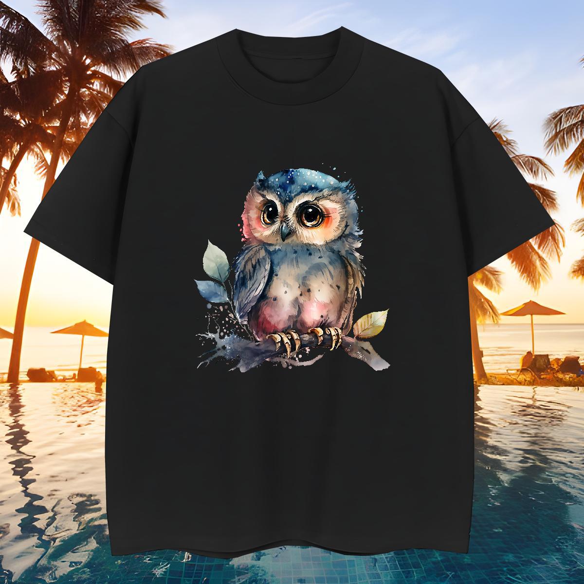 Free Shipping Mens Tshirts 100% Cotton 230g Owl Men T Shirts Daily Outfit Breathable Floral Print Casual New Top Tees