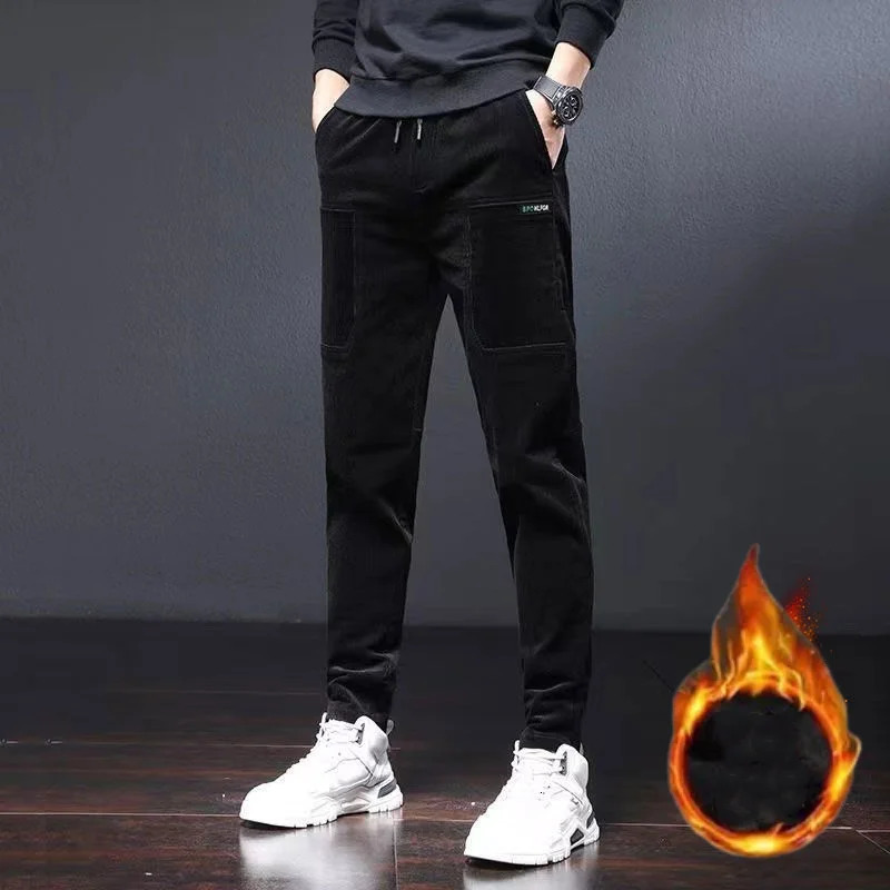 Streetwear Fashion Men Solid Corduroy Cargo Pants Autumn Winter Korean Slim Vintage Male Clothes Casual Warm Straight Trousers 240806