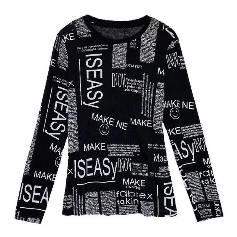 Spring and autumn fashion letter printed weight loss T-shirt suitable for women with long sleeves age reduction black loose casual top 240826