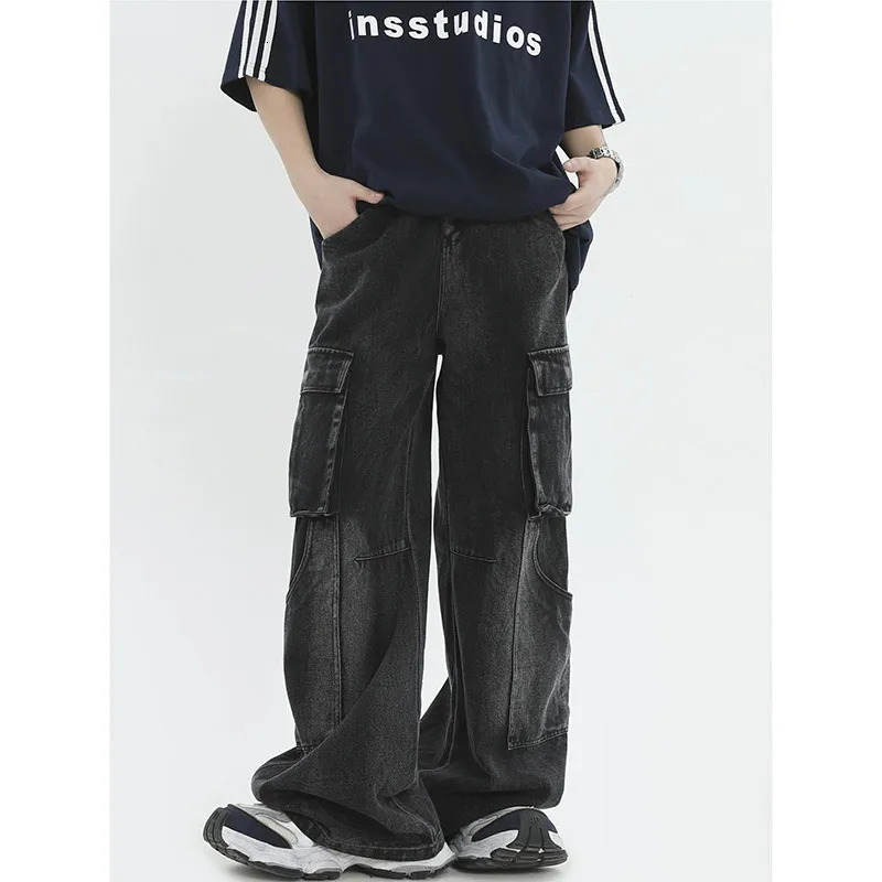Womens Black Gothic Cargo Jeans Vintage Korean 90s Aesthetic Y2k Denim Trousers Harajuku High Waist Cowboy Pants 2000s Clothes 240806