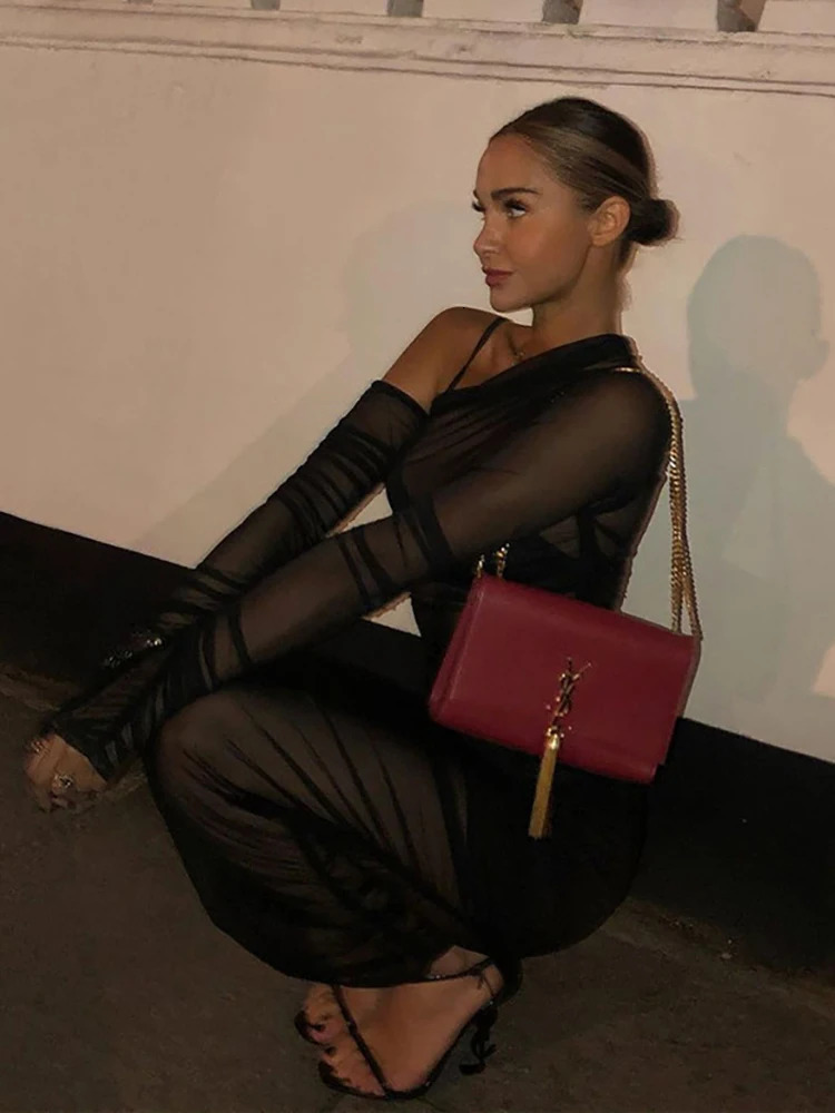 Articat Mesh See Through Women Dress Sexy 3 Piece Set Elegant Fashion Female Clothing Casual Slim Camisole Black Bodycon Skirts 240806