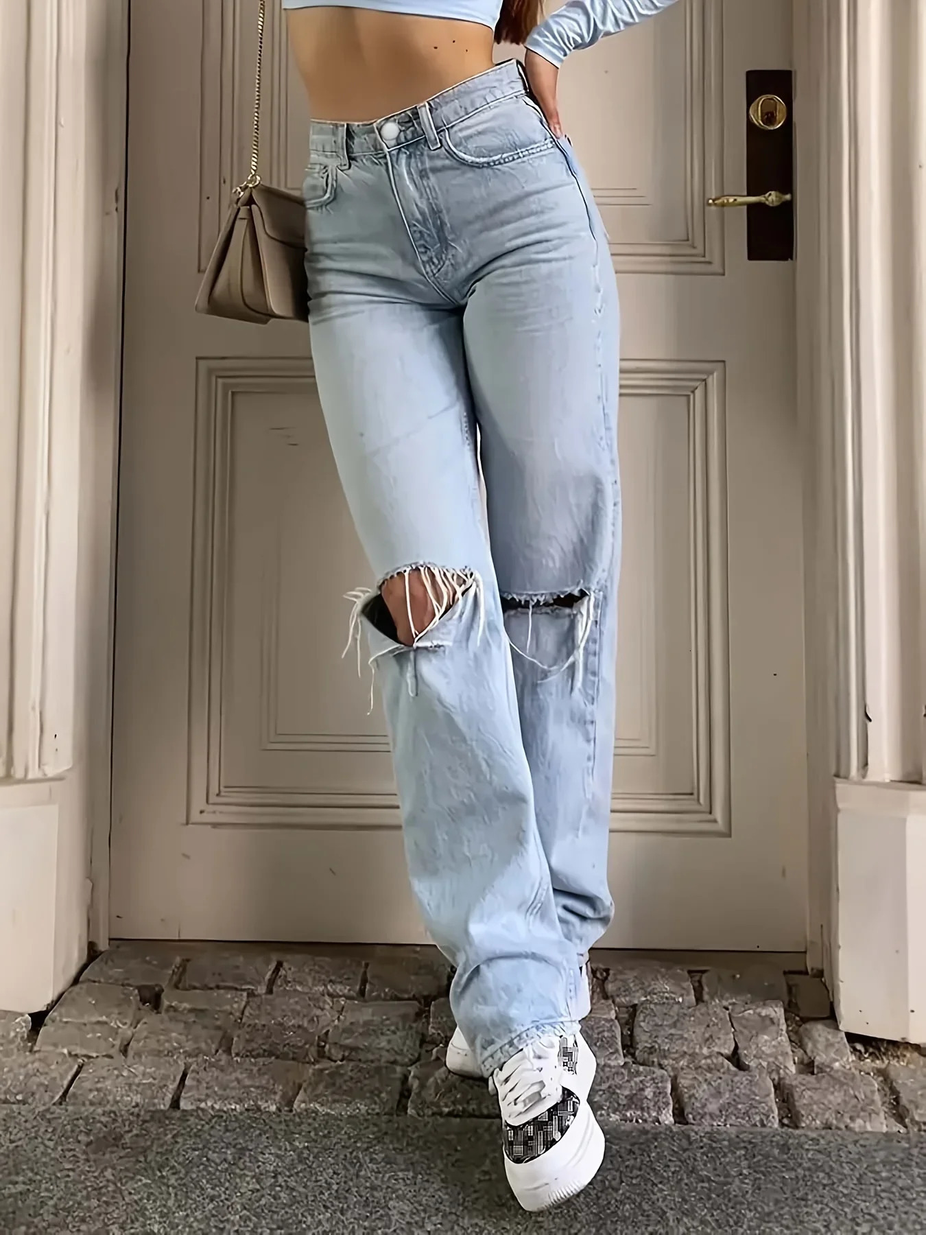 Blue Ripped Holes Straight Jeans Loose Fit Slant Pockets Non-Stretch Casual Denim Pants Womens Denim Jeans Clothing 240806
