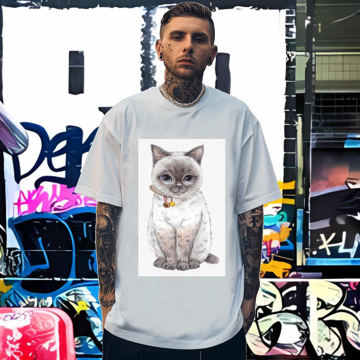 T shirt 230g 100% Cotton cat Anime Printing Street Breathable Short Sleeve Black Oversized Tshirts DIY Customized Classic Clothings