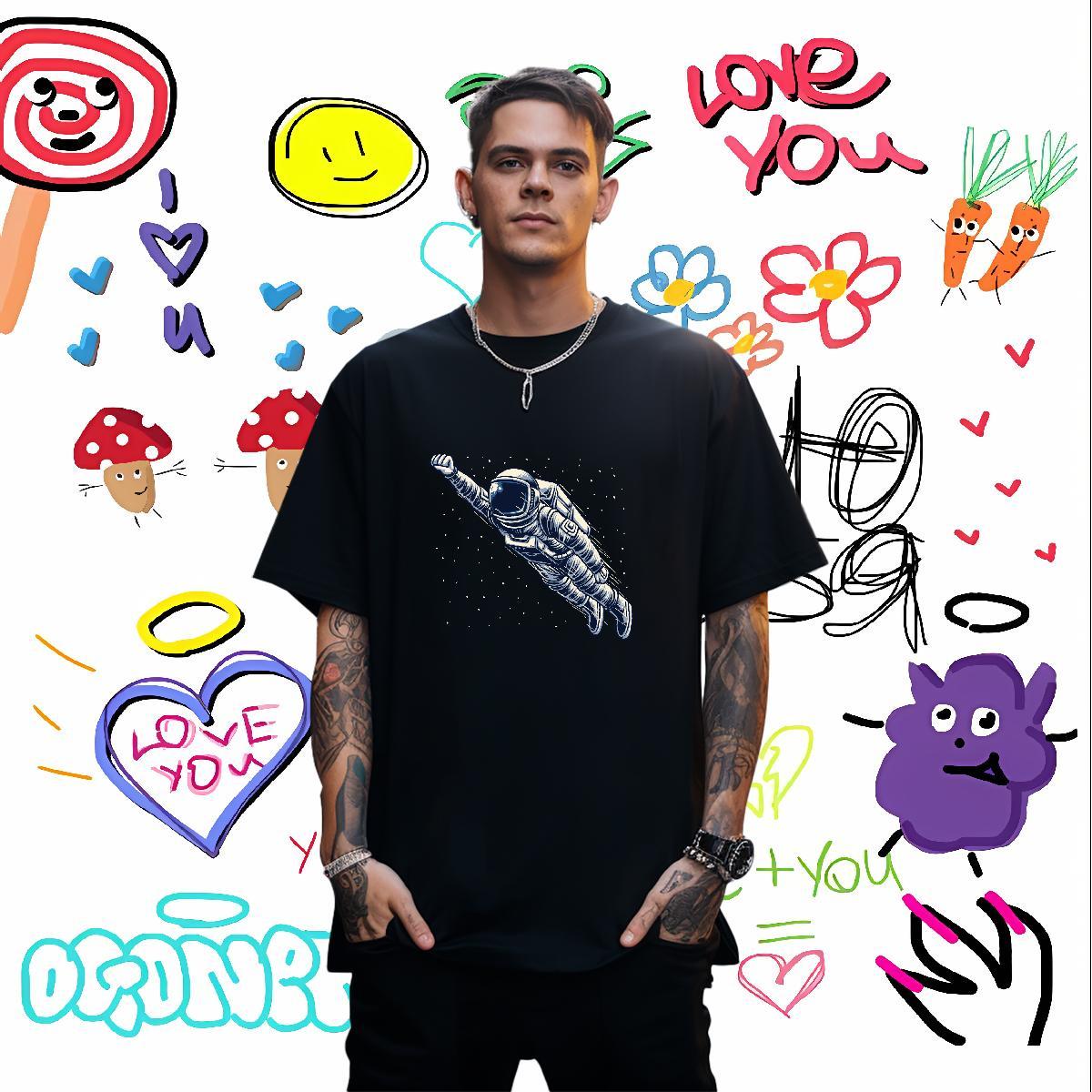 T-Shirts for Men 230g 100% Cotton cosmonaut Hip Hop Street Breathable Short Sleeve Skull Tshirt for Man Woman New Designer Comfortable Tees Shirts