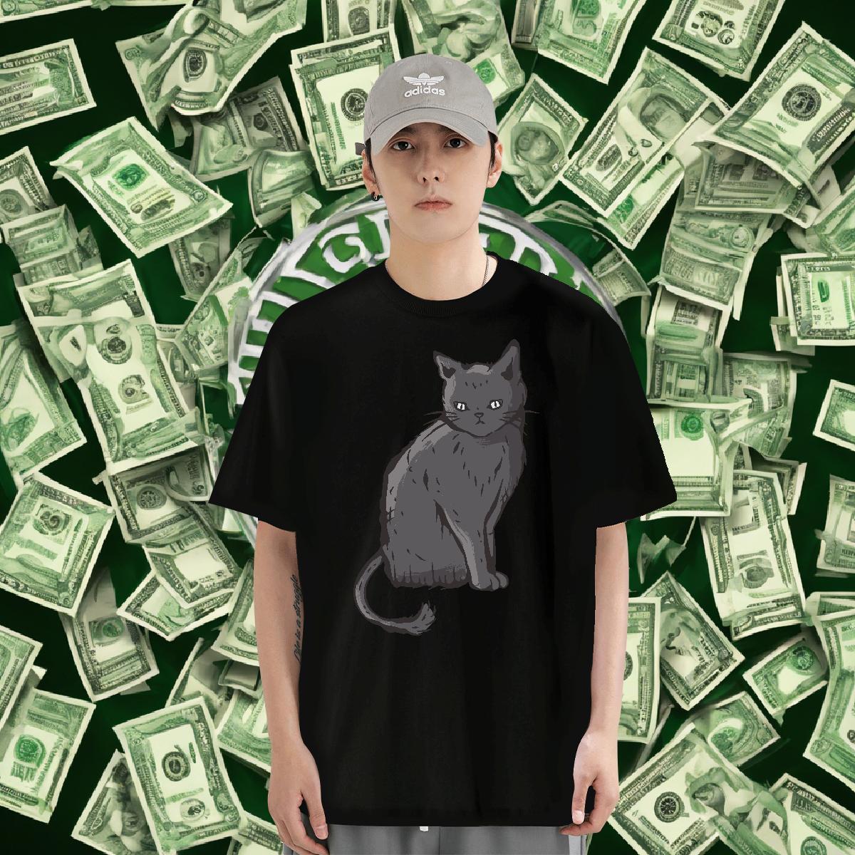 Loose Fit Men Tops Tees 230g Cotton Street Casual cat Cartoon Printing L-4XL Breathable Free Shipping Men T Shirts Clothes