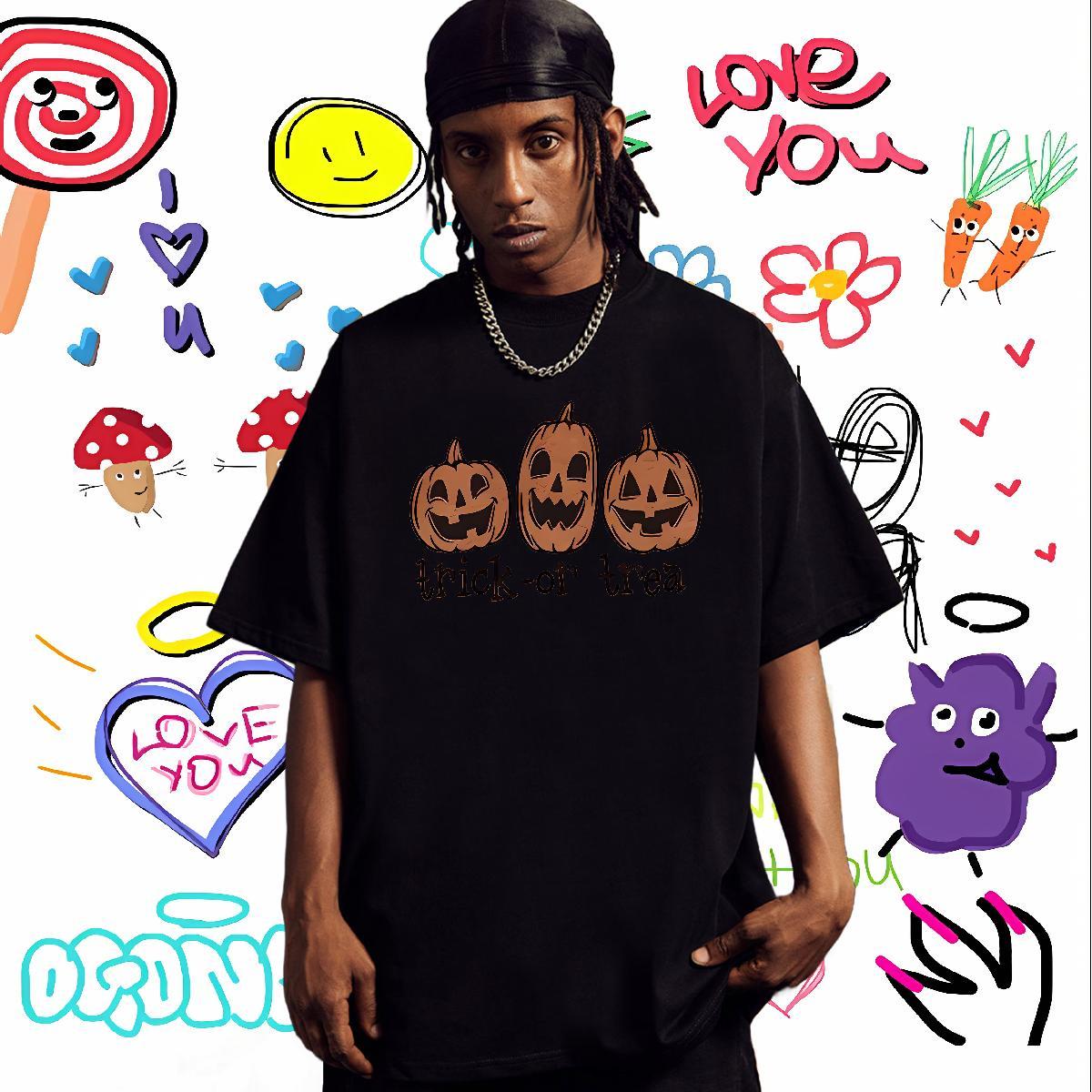 2024 New T-Shirts for Men 230g Pure Cotton pumpkin Outdoor Tees Shirts Breathable Soft Men Tees Custom Print Oversized