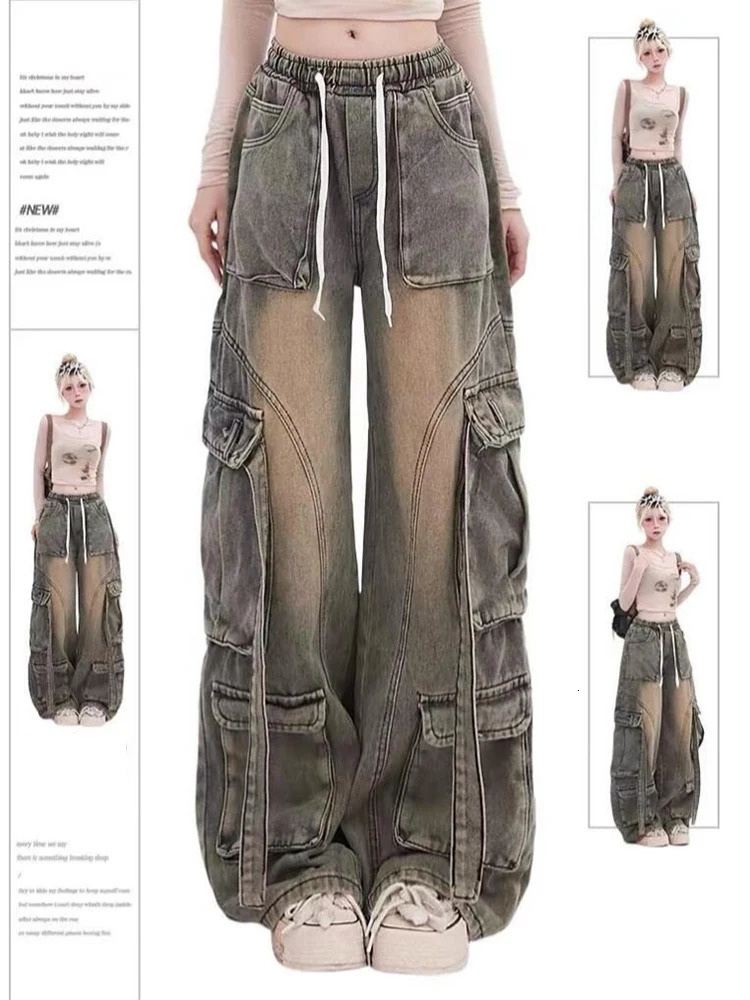 Womens Y2k Cargo Jeans Japanese 2000s Style Streetwear Harajuku Korean Baggy Denim Trousers Jean Pants Vintage Trashy Clothes 240806