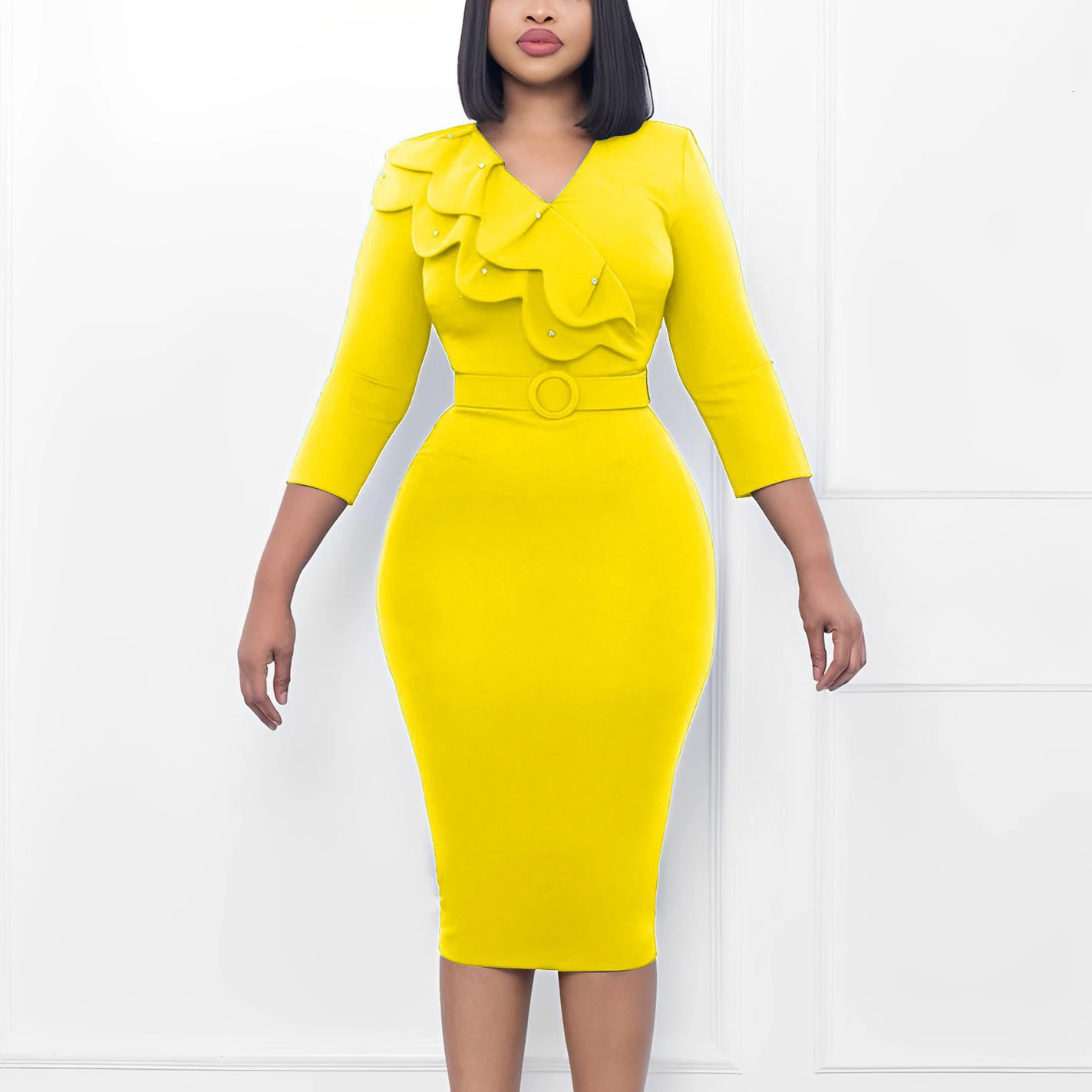 Elegant Office Dresses for Women V Neck Full Sleeve Ruffles Belt Waisted Package Hips Mid Calf Professional Work Dress Midi Robe 240806