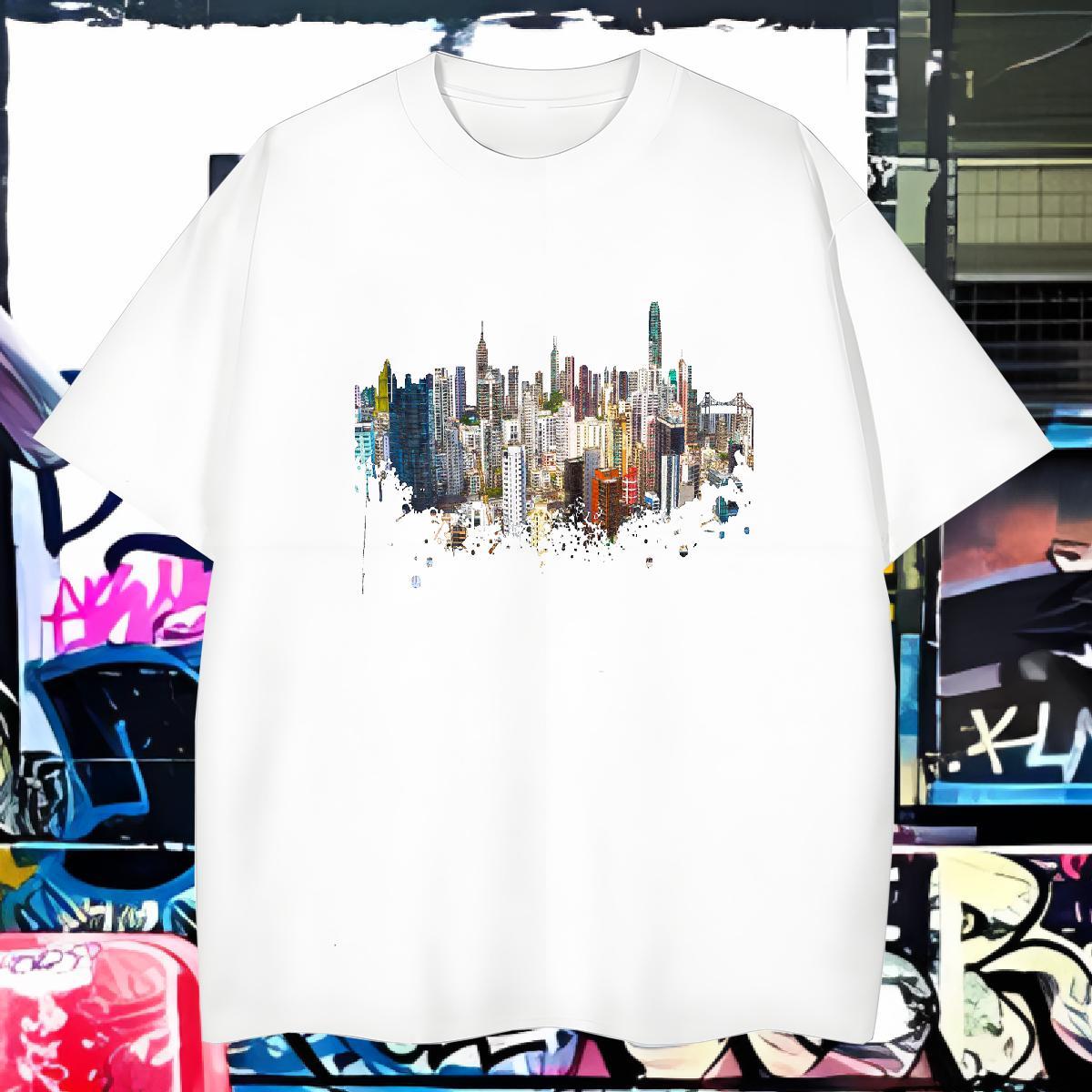 T-Shirts for Men 230g 100% Cotton Tall buildings Beach Breathable Crew Neck Oversized Mens Tshirts Classic Free Shipping Wear