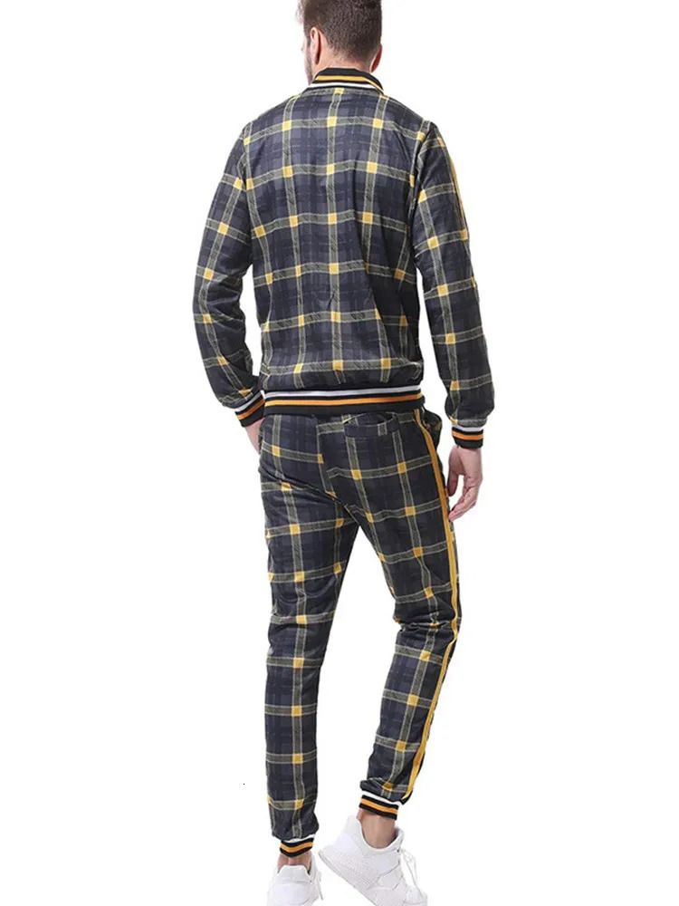 American Mens suits autumn leisure fiess sportswear long-sleeved zip-up large-size grid clothing 240806