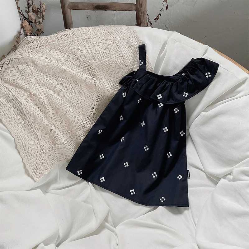 Summer one-piece sleeveless floral midi dress black cotton beach clothing for girls 2023 fashionable and elegant for women 2 to 8 yearsW240720