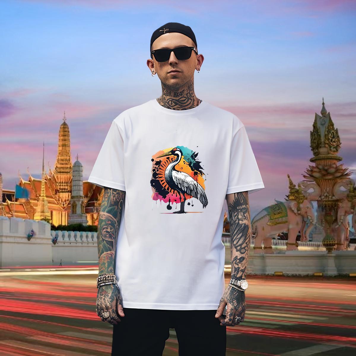 T-Shirts 100% Cotton 230g bird Spring Summer Short Sleeve Soft Cartoon Printing L-4XL Men Tshirts 2024 High Quality Tops Tees