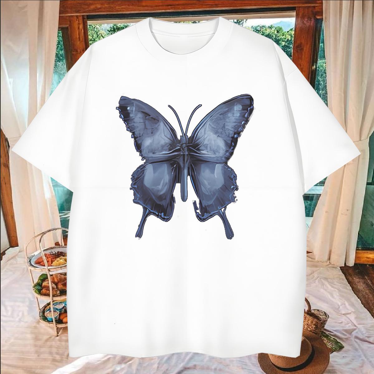 New T-Shirts 230g Cotton Butterfly Street Casual Tops Tees Breathable Short Sleeve Cool Couples T Shirts Custom Anime