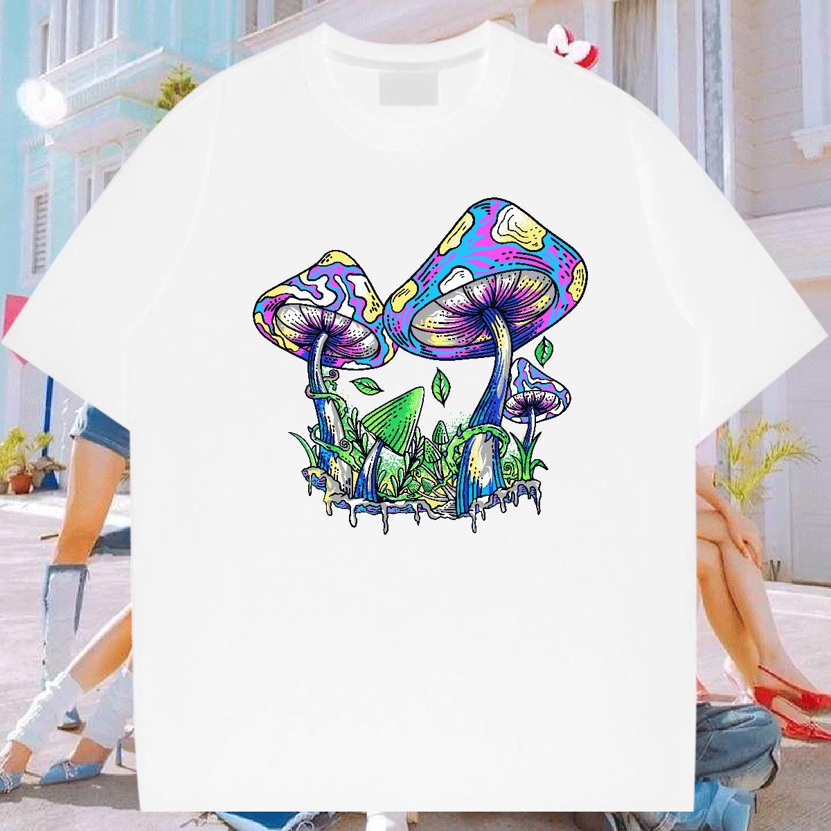 Man T Shirts 230g 100% Cotton mushroom Street Casual Breathable Soft Cartoon Printing L-4XL Mens Tshirts 2024 Summer Cool Design Tees