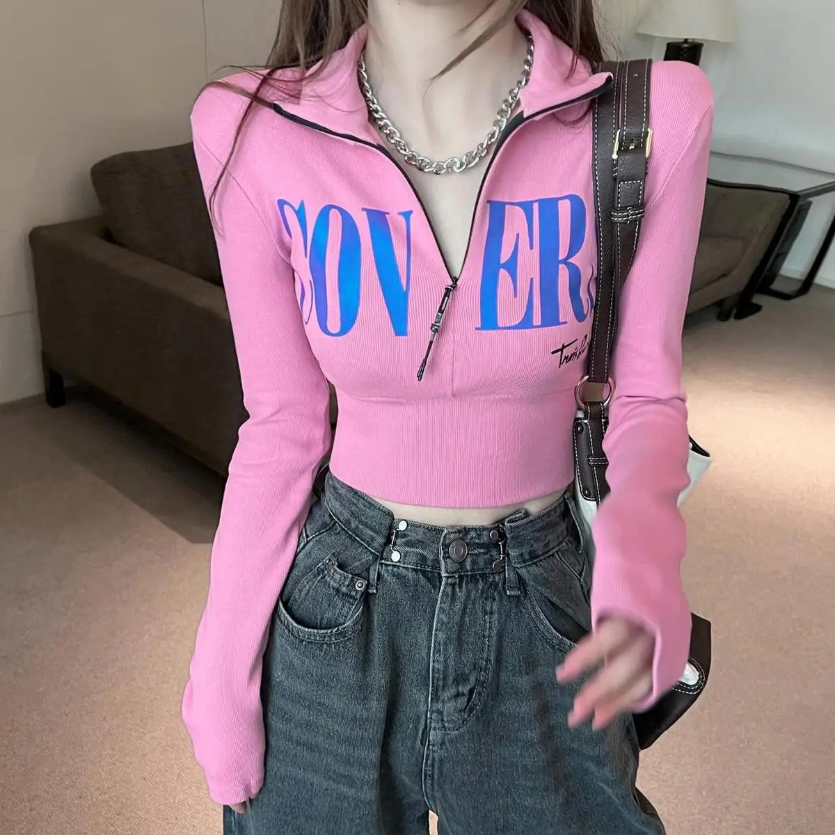 Zip Up Hoodie Polo Shirts Women Sweatshirt Long Sleeve Y2k Crop Tops Streetwear Sexy Skinny Pullover Korean Kawaii Clothes 240806