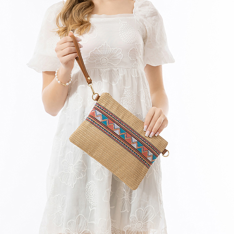 Handheld Grass Woven Bag Women Handbag Clutch Weaving Wallet Removable Wide Shoulder Strap Zipper Open High Quality