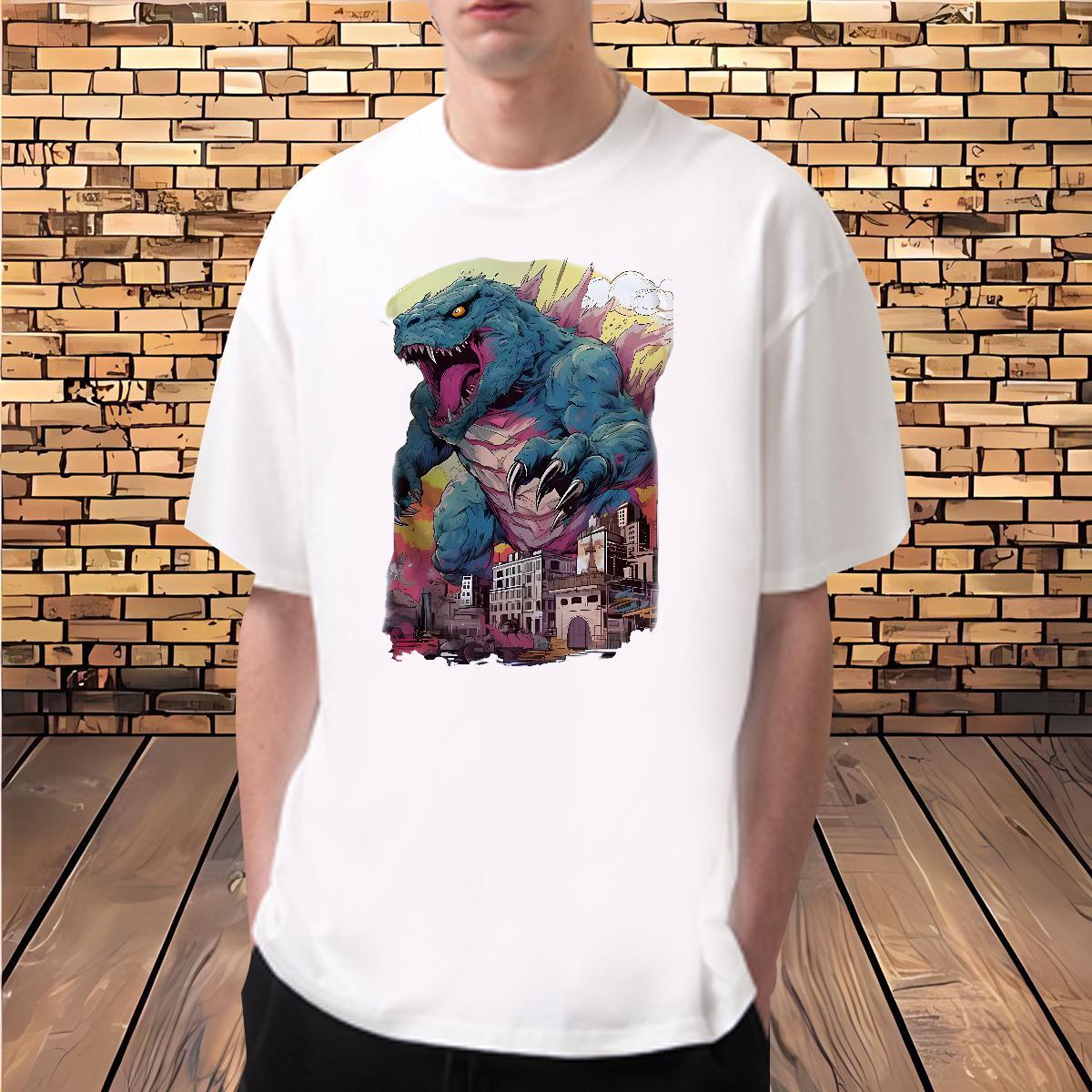 Men T Shirts 100% Cotton 230g dinosaur Daily Outfit Breathable Short Sleeve Anime Mens Tshirts New Brand Tee Shirt