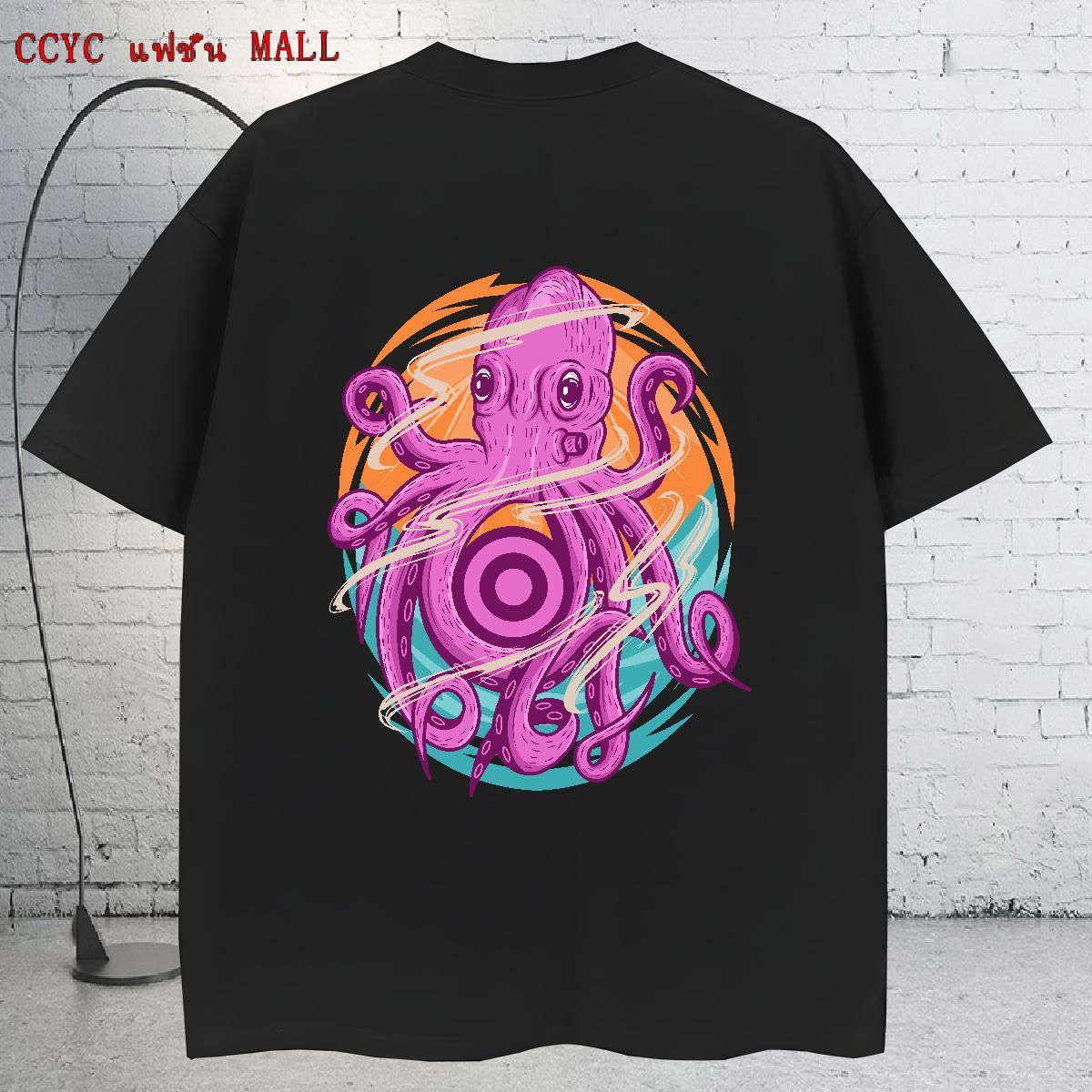 Cool Men Clothes T-Shirt 230g 100% Cotton Street octopus Floral Print O Neck Short Sleeves 2024 Man T Shirts Tops Shirt
