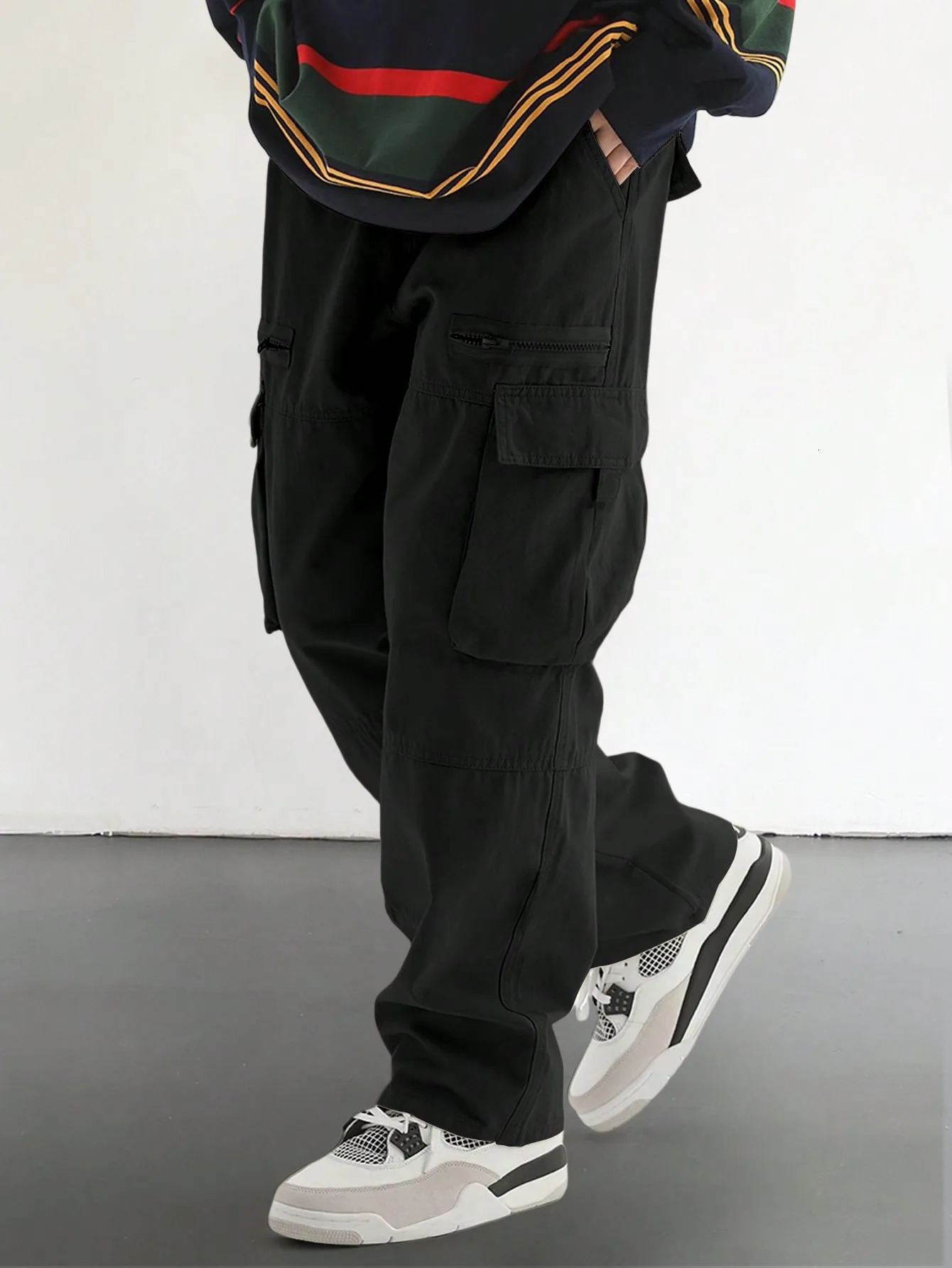 Solid Multi Flap Pockets Mens Straight Leg Cargo Pants Work Loose Casual Outdoor Baggy Trendy Streetwear 240806