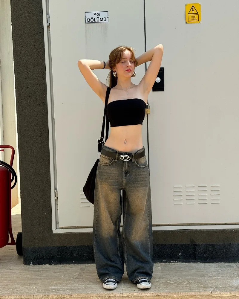 Y2K Harajuku Style Fashion Yellow Washed Baggy Jeans Women Street Vintage Hip Hop Casual High Waist Wide Leg Pants 240806