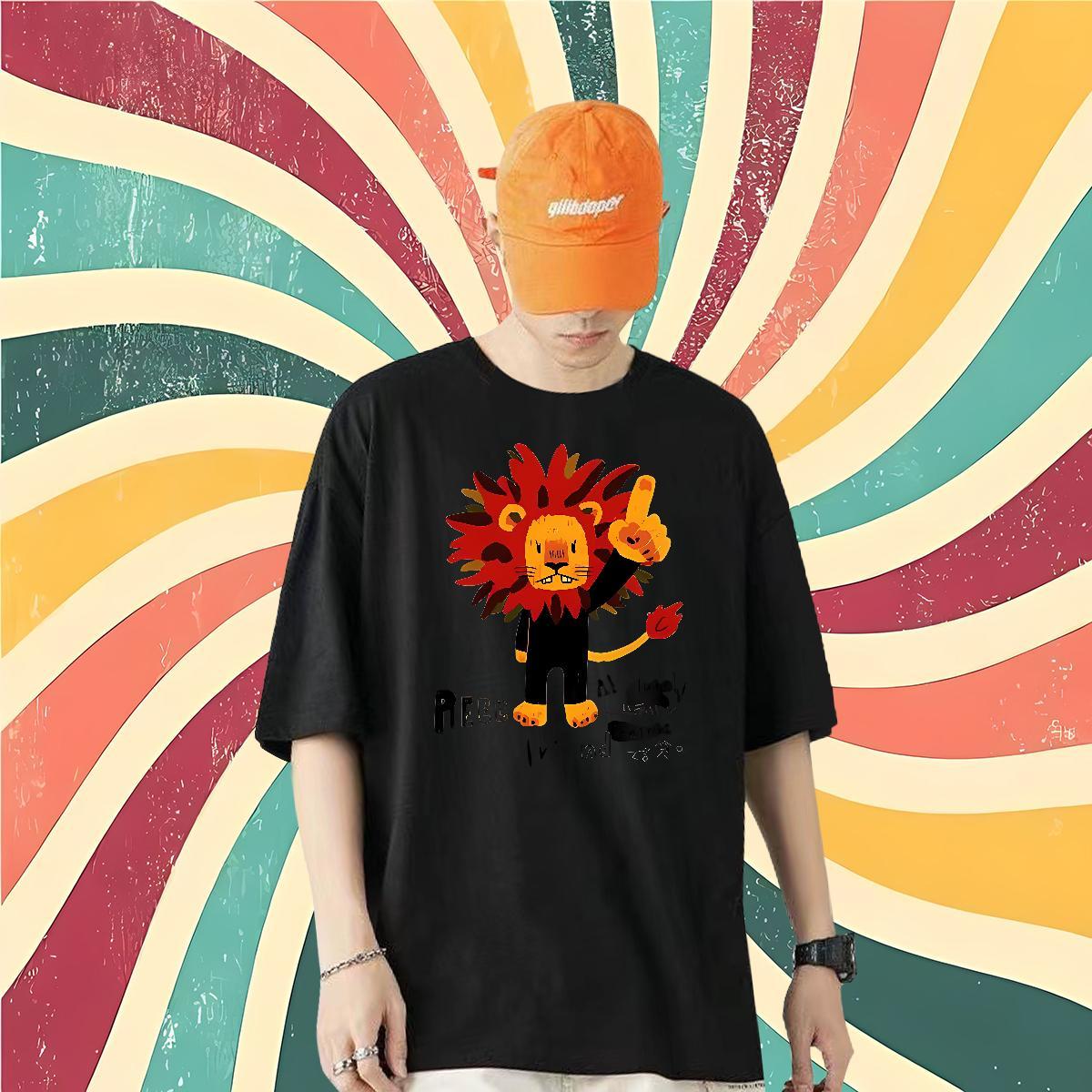 Casual New T-Shirts for Men 230g Cotton lion Hip Hop Street Tops O Neck Short Sleeves Comfortable Men Tees DIY Printed