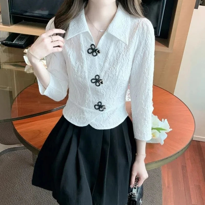 Office Lady Peter Pan Collar Solid Color Pullover Womens Long Sleeve Rivet T-shirt Elegant Spring Autumn Flattering Tops 240806