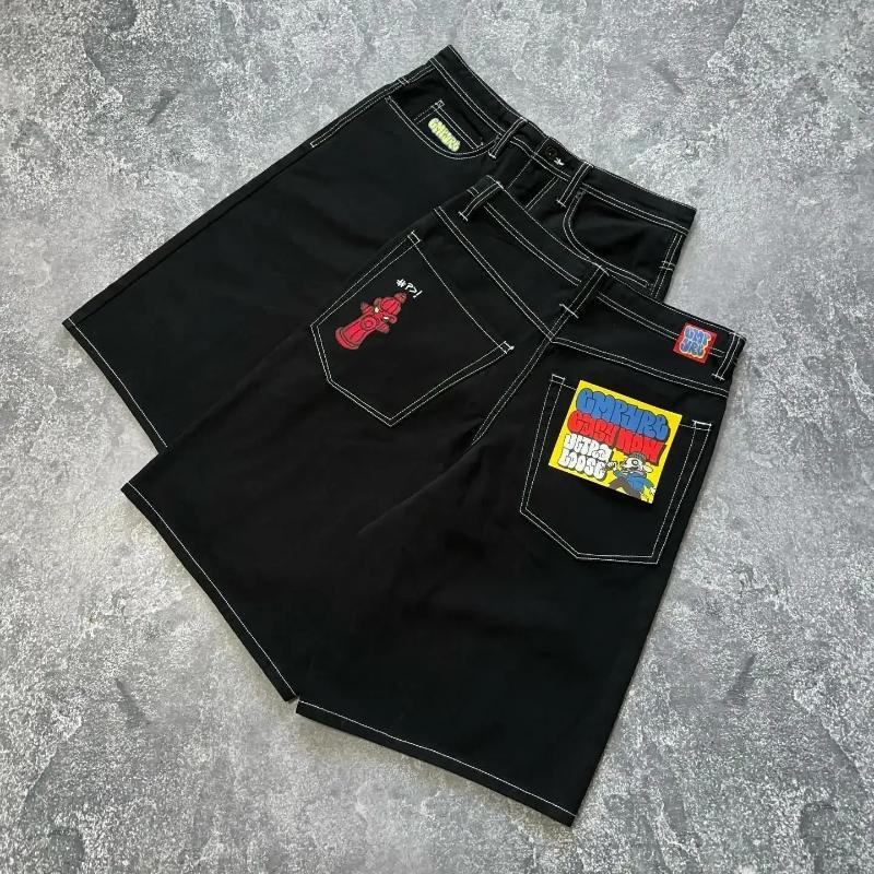 Mens Shorts Streetwear Empyre Jeans Y2K Hip Hop Gothic Cartoon Graphic Embroidered Baggy Black Pants Mens Womens Wide Leg Trouser