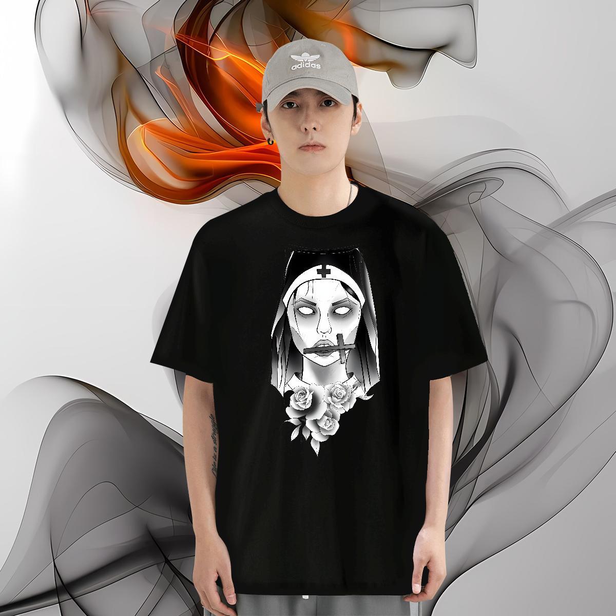 Man T Shirts 100% Cotton 230g nun Anime Printing Street Breathable Crew Neck DIY Logo Oversized Men Tops Tees Fashion Design Free Shipping Tees Shirts