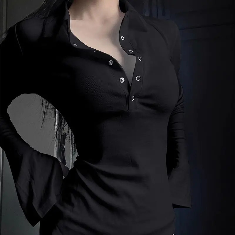 Korean womens sexy Y2K long sleeved polo collar button T-shirt autumn and winter fashion solid basic top womens clothing 240827