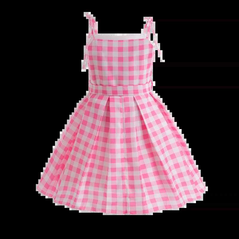 2024 New Movie Costume Girl Role Play Pink Checkered Dress Childrens Summer Sleeveless Dress Childrens Party Clothing 3-10 YearsW240720