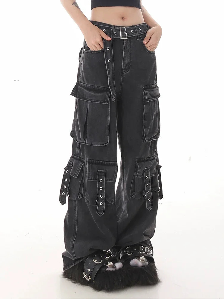 Pure Color Classic High Waist Street Female Wide Leg Pants American Fashion Multiple Pockets Simple Casual Loose Women Jeans 240806