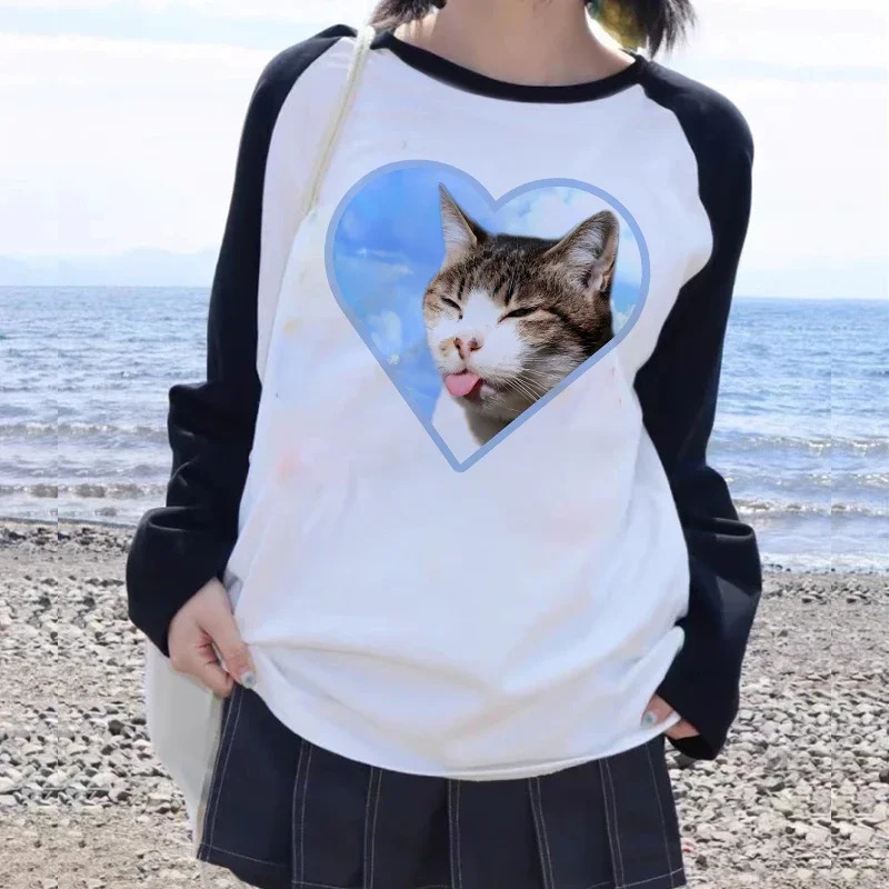 90s Y2k T-shirt Long Sleeve Funny Cute Cat Shirt Women Cartoon T Shirt Harajuku Graphic Ulzzang Tshirt Aesthetic Top Tee Female 240806