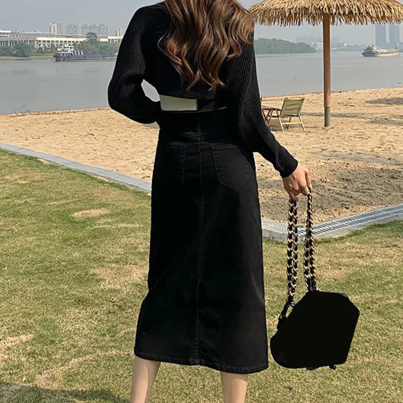 Spring Long Denim Skirt Vintage Women Solid High Waist A-LINE Slim Korean Style Jean Slit Midi Skirt Summer Fashion 240806