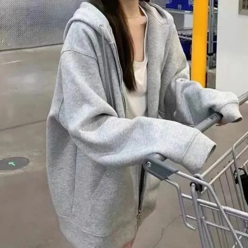 Women Hoodies Autumn Retro Solid Color Zip Up Oversized Sweatshirts Harajuku Long Sleeve Hooded Jackets Coat 240812