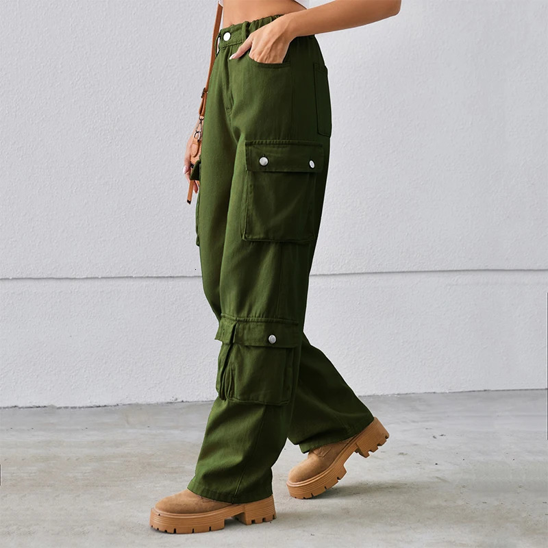 Syiwidii-Womens Cargo Pants Elastic Waist High Waist Denim Trousers Female Clothes Fashion Casual Jeans Big Pocket Loose 240806