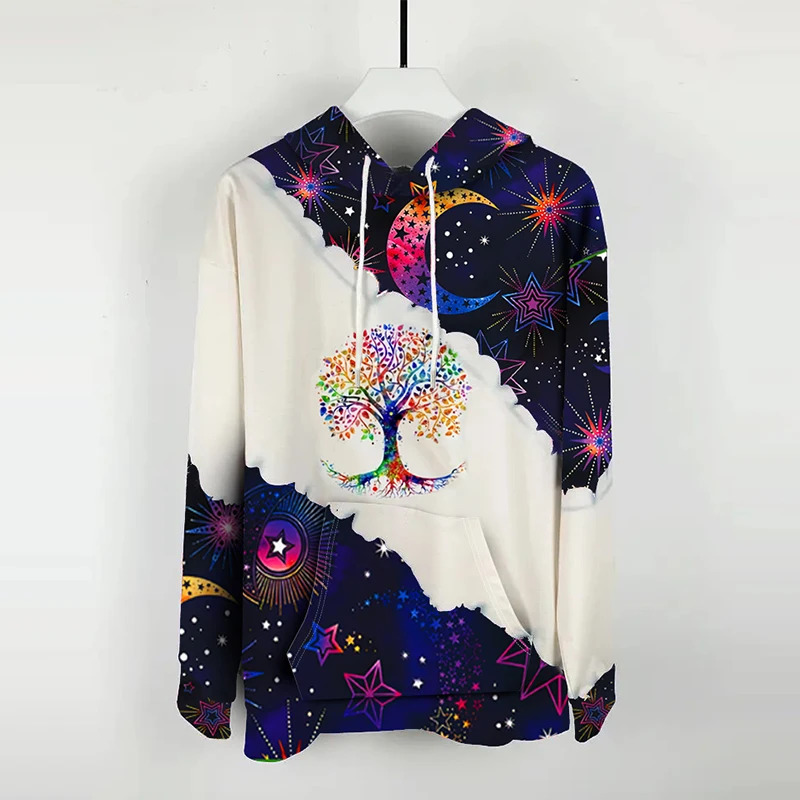 Moon Print Kangaroo Pocket Hoodie Casual Long Sleeve Drawstring Hoodies Sweatshirt Womens Clothing 240806