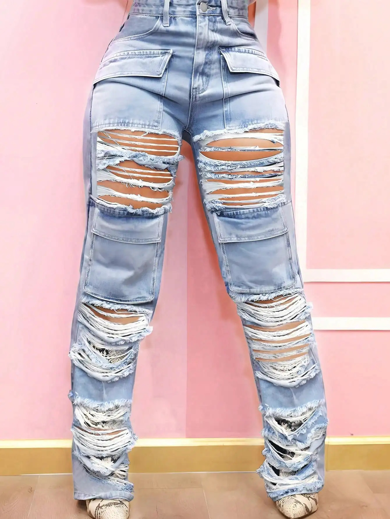 90s Y2K Street High Waist Washed Flap Pocket Ripped Decor Cargo Pants Daily Casual Jean 240806