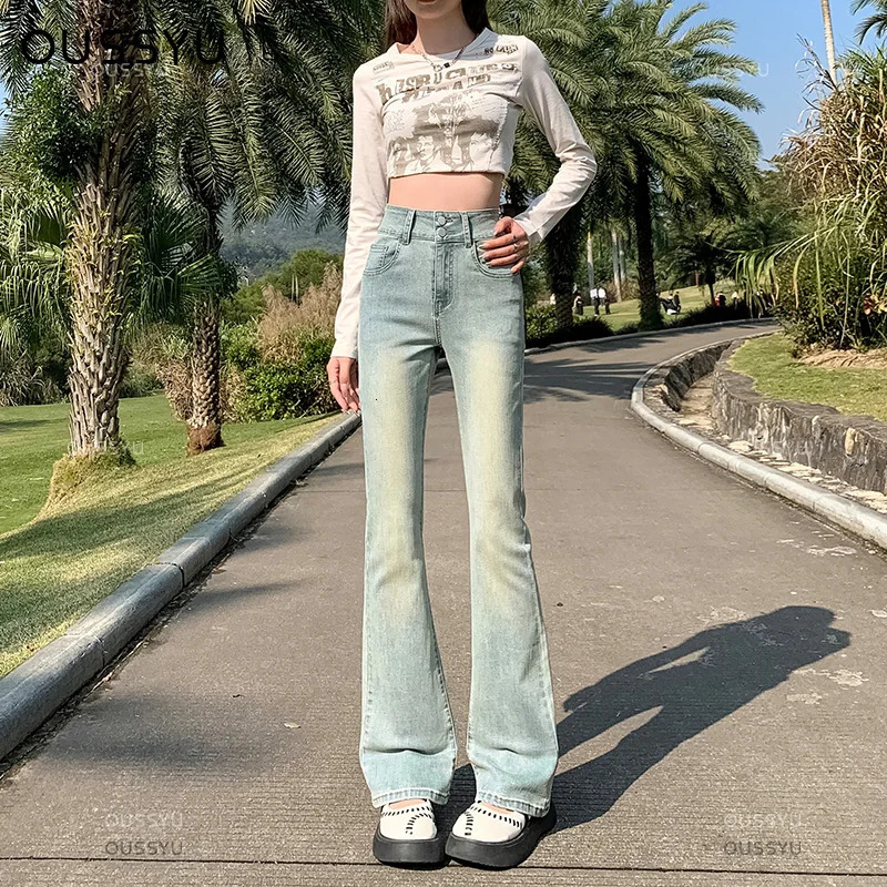 OUSSYU Flared Jeans Women Cotton High Waist Slim Y2K Lengthened Pants Elastic Force Retro Blue Fashion Trousers Female XS-XXL 240806