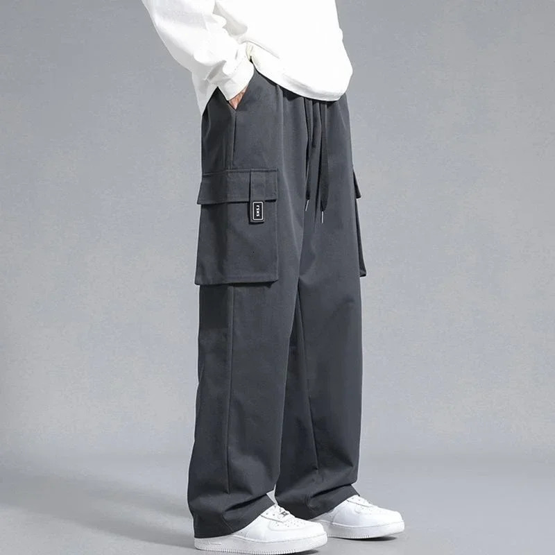 Mens straight black cargo pants autumn gray large size casual retro Techwear est Y2k bagged Harajuku w240824