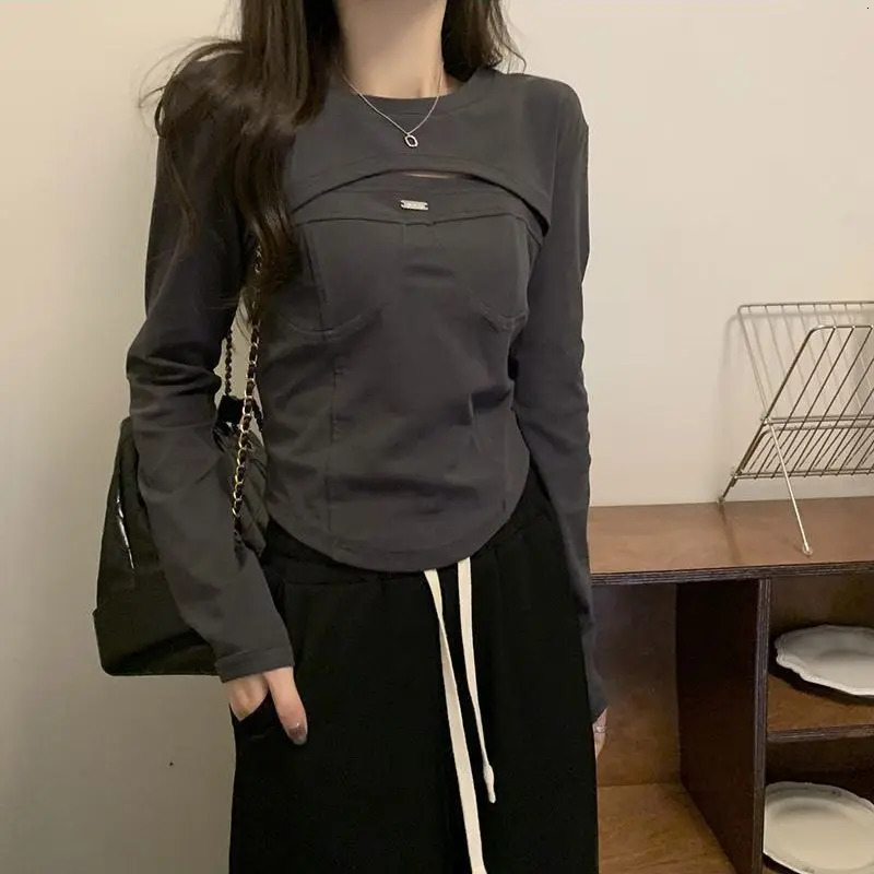 Spring Autumn Slim Solid Color T-Shirts Women High Street Casual Round Neck Long Sleeve Pullovers Elegant All-match Tops 240806