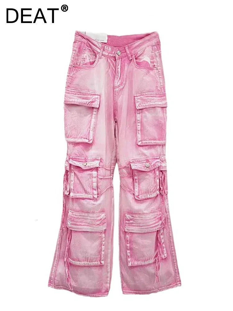 DEAT Womens Jeans High Waist Multiple Pockets Pink Washed Straight Wide Leg Cargo Denim Pants Summer Fashion 29L7634 240806