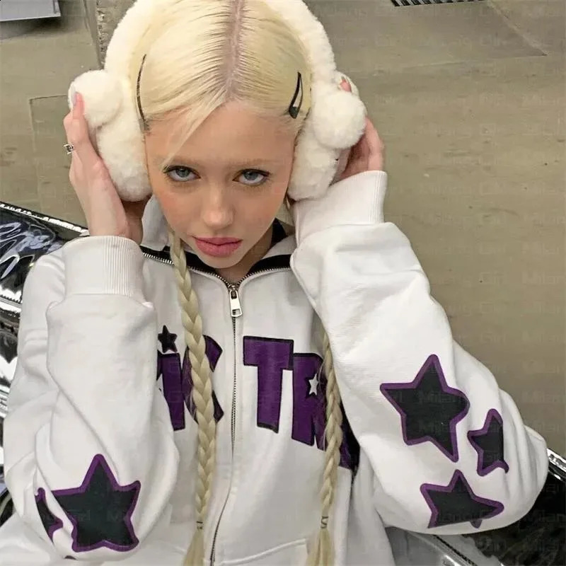 Zip Up Y2K Street Retro Clothing Women Gothic Black Zip Up Oversized Sweatshirts Female Retro Harajuku Hooded Jacket Streetwear 240805