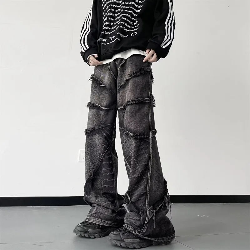 HOUZHOU Y2K Punk Black American Street Rock Retro High Waist Oversized Jeans Men Raw Edge Washed Darkwear Wide Leg Trousers 240806