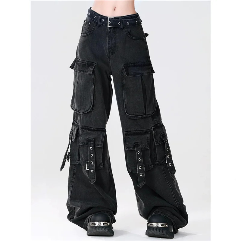 American Black Heavy Industry Multi-Pocket Cargo Pants Women Y2K Streetwear Hip Hop Loose Washed High Waist Straight Jeans 240806