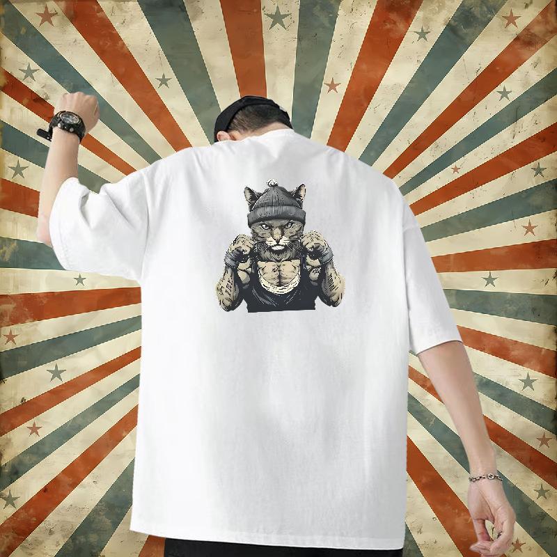 Custom T Shirts Men 230g 100% Cotton cat Sport Tops Tees Short Sleeve Soft Popular Men Tees Black White