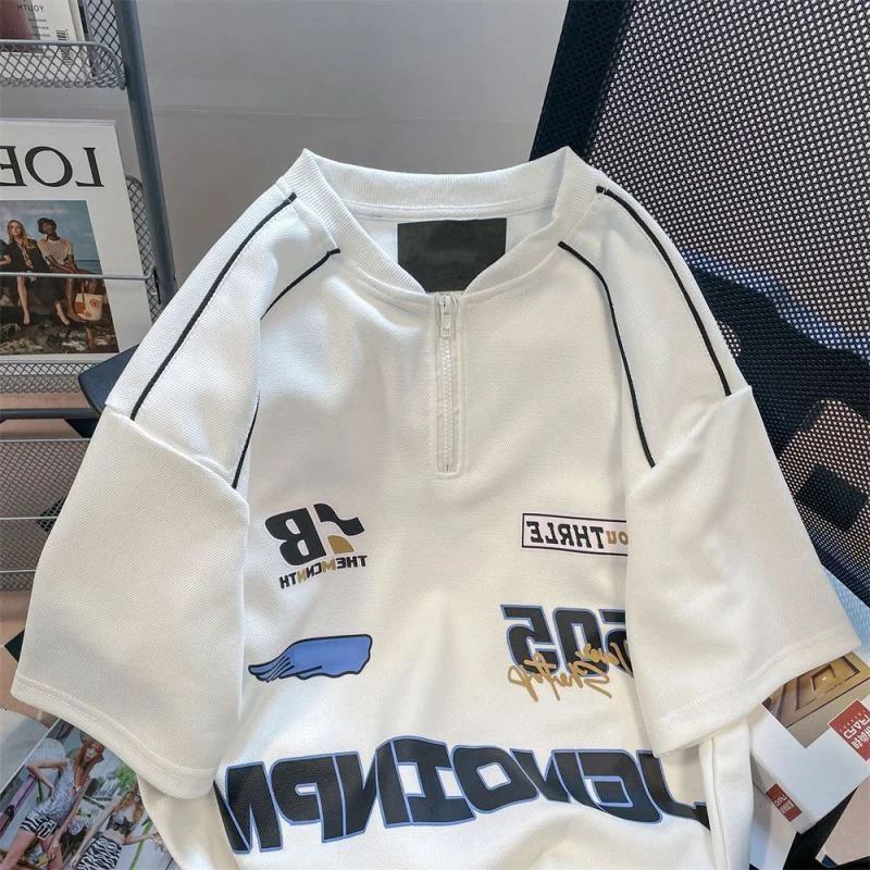 Street Fashion Leisure Retro Style Korean Version Letter Printing Zipper Couple Rock Loose Fitting Womens T-shirt Summer 240806